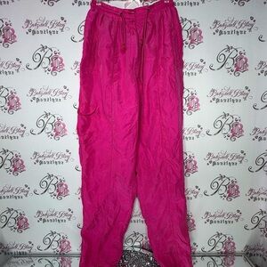 Nygard pants silk pink bright cargo style crystal buttons pockets on side baggy